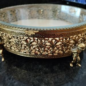 Vintage Gold Jewelry Filigree Box Lined In Velvet With 4  Cherub Feet